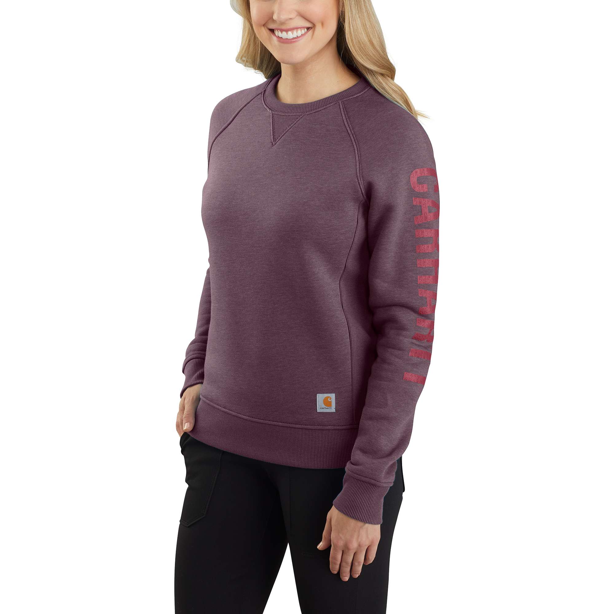 Women's Relaxed Fit Midweight Crewneck Block Logo Sleeve Graphic Sweatshirt